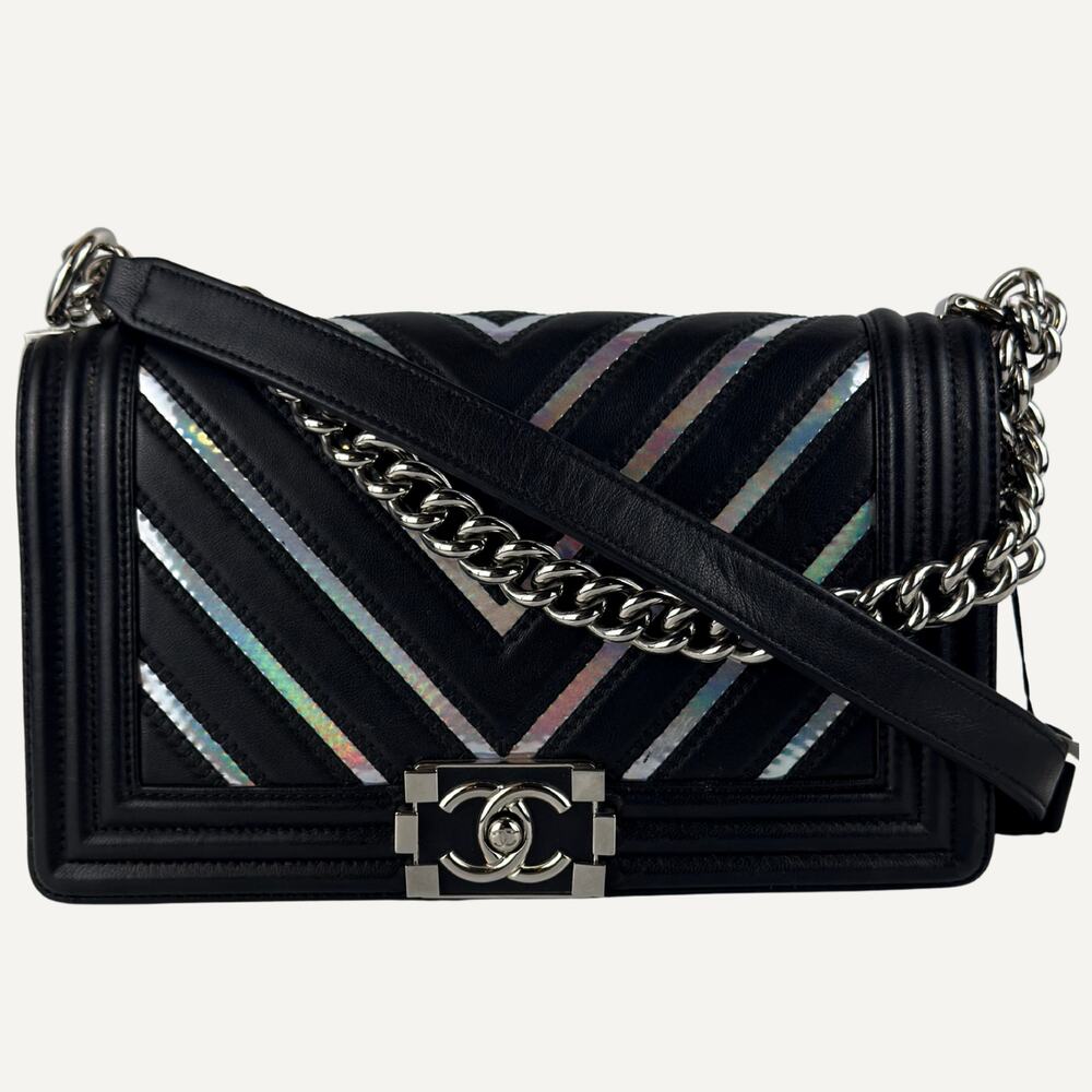 Chanel Boy Bag Medium Black Lambskin Iridescent Chevron Silver CC 17S  Women's